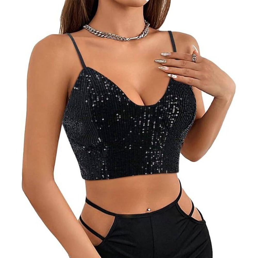 Black Sequin Sz M Womens Cropped Camisole Zip Up Rave Festival Party Going Out - Picture 2 of 6